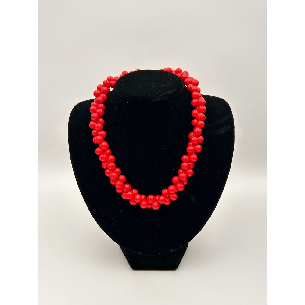 Vintage‎ Red Cluster Bead Twisted Chunky Statement Necklace 16" Gold Clas